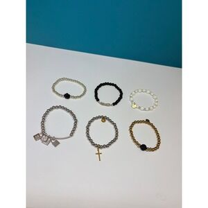 6pc Beaded Stretch Bracelet Set Gold Silver Tone Cross Heart Lock Rose Charms